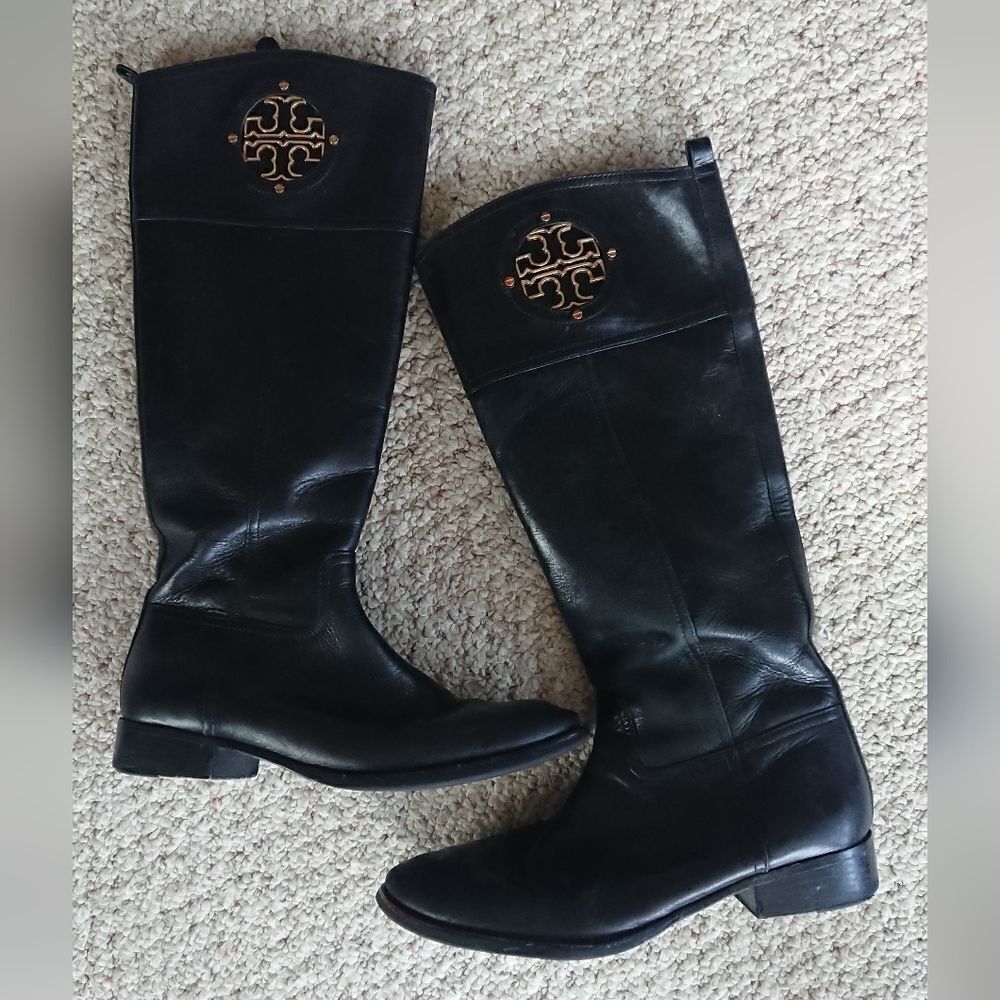 Tory Burch Black Leather Riding Boots with signature Double T motif size 10.5M